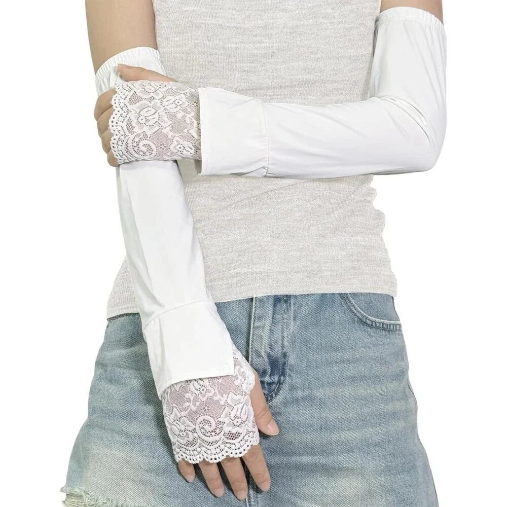 Women's White-01 Fingerless Lace Arm Sleeves Gloves Wedding Dress Party Prom